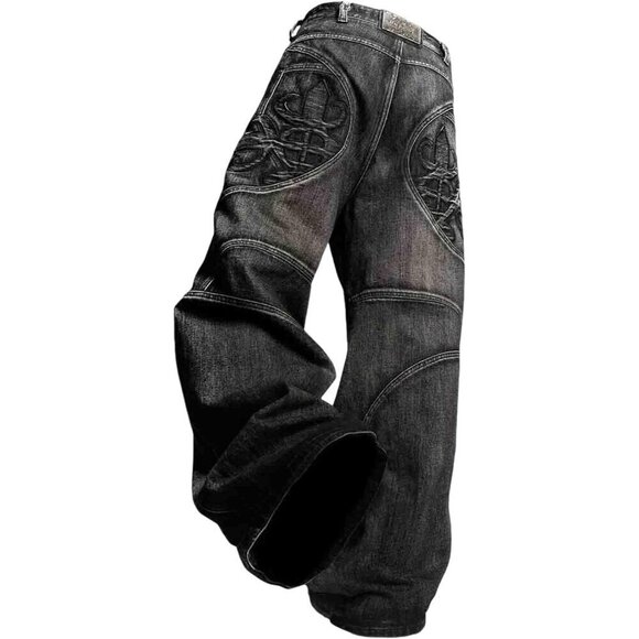Denim - Men's Wide Leg Gothic Jeans High Rise Loose Fit Casual Fashion Durable
